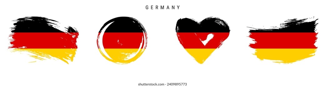 Germany hand drawn grunge style flag icon set. German banner in official colors. Free brush stroke shape, circle and heart-shaped. Flat vector illustration isolated on white.