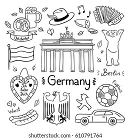 Germany hand drawn illustrations. Vector symbols of Germany: travel icons and doodles