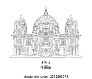 Lugar famoso dibujado a mano de Alemania. Arquitectura detallada de la Ilustración vectorial de la Catedral de Berlín. Dibujado a mano con la atracción. Arte de moda del estilo del grabado para la impresión y el diseño.