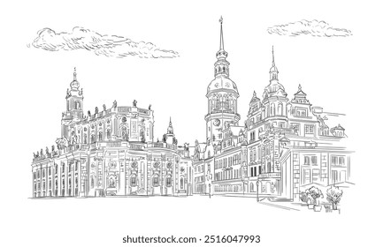 Germany hand drawn landmark. Detailed architecture of Dresden Theatre Square. Vector illustration. Hand drawn sketch with attraction. Trendy engraving style. Clip art artwork for print and design.