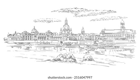 Germany hand drawn landmark. Detailed architecture of Dresden Theatre Square. Vector illustration. Hand drawn sketch with attraction. Trendy engraving style. Clip art artwork for print and design.