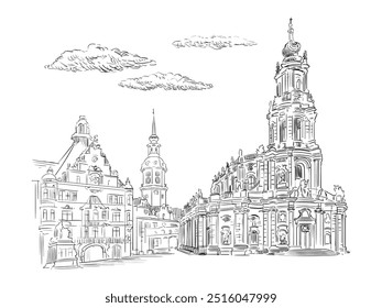 Germany hand drawn landmark. Detailed architecture of Dresden Theatre Square. Vector illustration. Hand drawn sketch with attraction. Trendy engraving style. Clip art artwork for print and design.
