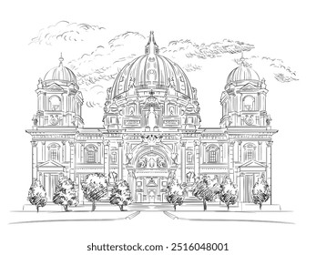 Lugar famoso dibujado a mano de Alemania. Arquitectura detallada de la Ilustración vectorial de la Catedral de Berlín. Dibujado a mano con la atracción. Arte de moda del estilo del grabado para la impresión y el diseño.