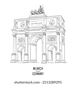 Lugar famoso dibujado a mano de Alemania. Ilustración vectorial de Dresde. Dibujado a mano con la atracción. El Arco del Triunfo en Múnich. Puerta de la Ciudad Vieja. Grabado de obras de arte para impresión y diseño.