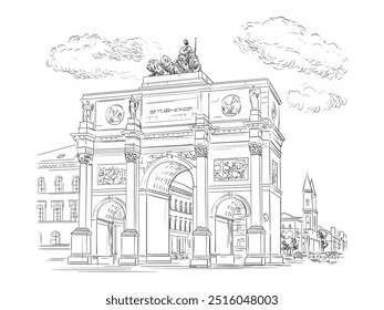 Lugar famoso dibujado a mano de Alemania. Ilustración vectorial de Munich. Dibujado a mano con la atracción. Arco del triunfo en Múnich. Puerta de la Ciudad Vieja. Grabado de obras de arte para impresión y diseño.