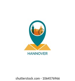 Germany Hannover city skyline landscape silhouette vector logo icon. Cool urban night horizon map pin point geolocation illustration concept