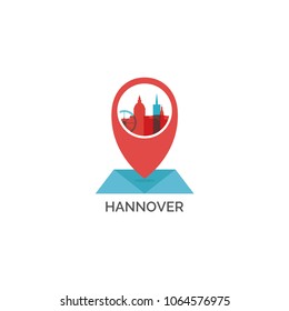 Germany Hannover city skyline landscape silhouette vector logo icon. Cool urban night horizon map pin point geolocation illustration concept