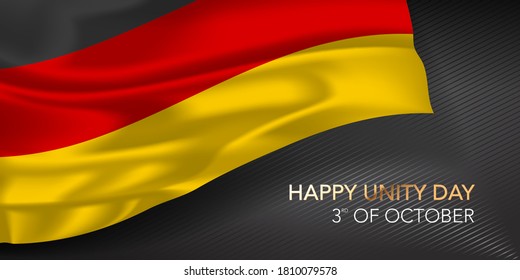 Tarjeta de felicitación del día de la unidad de felicidad de Alemania, banner con ilustración vectorial de texto de plantilla. Festividad conmemorativa alemana 3 de octubre elemento de diseño con bandera 3D con tricolor