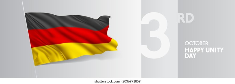 Germany happy unity day greeting card, banner vector illustration. German holiday 3rd of October design element with 3D waving flag on flagpole