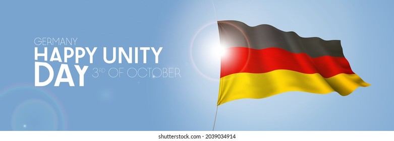 Germany happy unity day greeting card, banner with template text vector illustration. German memorial holiday 3rd of October design element with 3D flag with stripes