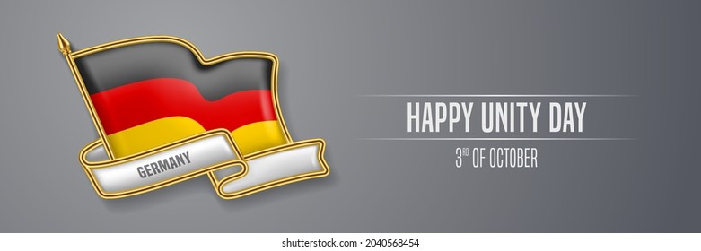 Germany happy unity day greeting card, banner vector illustration. German holiday 3rd of October design element with 3D pin with flag