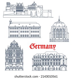 Germany Heidelberg architecture vector buildings and castles, travel landmarks. Heiliggeistkirche Church of Holy Spirit, Heidelberg Schlossberg castle, Ruprecht Karl University and Rathaus in Germany