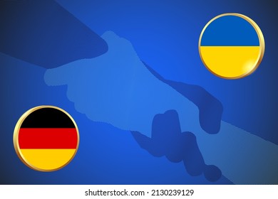 Germany is helping Ukraine in the Ukraine-Russia war. Ukraine and German flag and hands holding each other on blue background. Solidarity concept design.