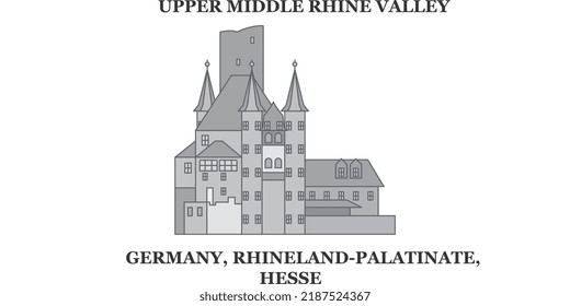 Germany, Hesse, Upper Middle Rhine Valley city skyline isolated vector illustration, icons