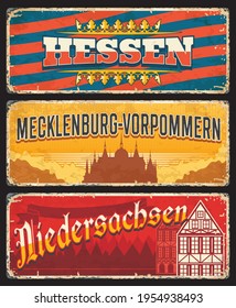 Germany Hessen, Niedersachsen and Mecklenburg Vorpommern metal signs and rusty tin plates, vector. German land states retro signage with city tagline, Deutschland stadt grunge welcome signs