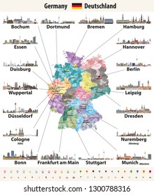 Germany high detailed map with largest cities skylines icons. All layers are labelled, editable and well organized. Vector set