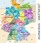 Germany high detailed vector map with neighbouring countries and territories. Map colored by states and administrative districts, with subdivisions