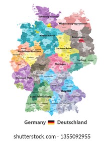 Germany high detailed vector map (colored by states and administrative districts) with subdivisions. All layers detachable and labeled.