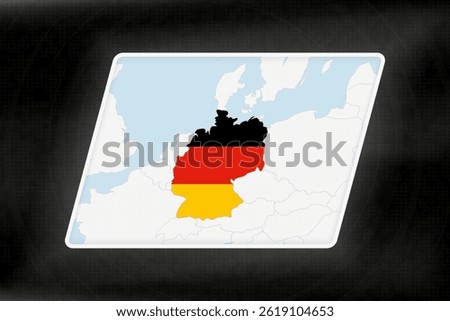 Germany Highlighted in Flag Colors on Geographic Map. Modern Map on a dark abstract backdrop.