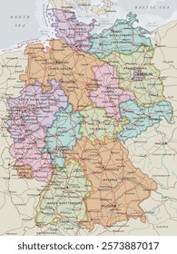 Germany - Highly detailed editable political map with separated layers.