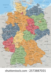 Germany - Highly detailed editable political map with separated layers.