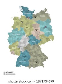Germany higt detailed map with subdivisions. Administrative map of Germany with districts and cities name, colored by states and administrative districts. Vector illustration. svg
