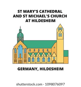 Germany, Hildesheim, St Mary's Cathedral And St Michael's Church At Hildesheim line icon concept, flat vector sign, symbol, illustration.