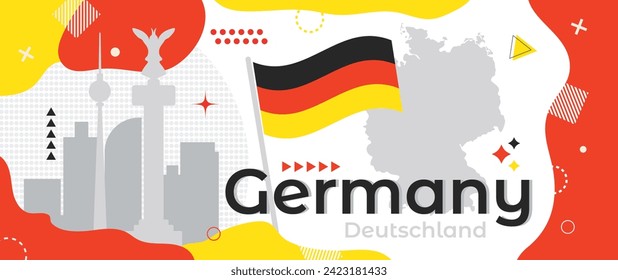 Deutschland Urlaubsbanner mit Landesflagge, Landkarte und Berliner Stadtbild Silhouette. Tag der Deutschen Einheit (Tag der Deutschen Einheit), Arbeitstag. Modernes Retro-Design mit minimalistischen geometrischen Formen