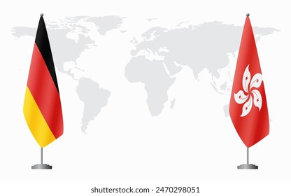 Germany and Hong Kong flags for official meeting against background of world map.