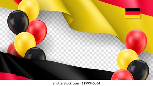Germany horizontal flyer with copy space. Realistic fluttering flag and colorful helium balloons on transparent background. Independence and patriotism vector banner. Germany country holiday event