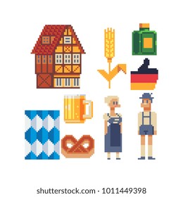 Germany icons. National traditional elements way of life. Germans in national dress. Old German house. Wheat spikelets. Mug beer. Pixel art. Stickers design. Isolated vector illustration. 