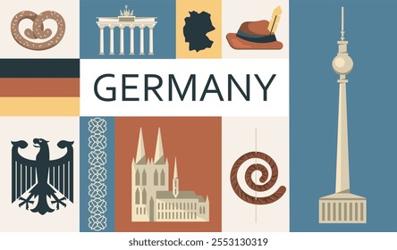 Conjunto de iconos de Alemania. Bandera, escudo de armas, pretzel y edificios antiguos. Cultura y arquitectura europeas. Antiguo castillo. Lugares famosos tradicionales alemanes. Colección de Vector plana