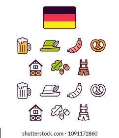 Germany icons set. Traditional German signs and symbols. 2 styles, colored cartoon line icons and black outlines.