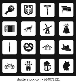 Germany icons set in white squares on black background simple style vector illustration