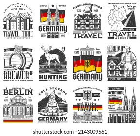 Deutschland Symbole, Reise, Kultur, Vektorsymbole und Wahrzeichen. Schloss, gotische Kirche und Brandenburger Tore, bayerisches Bauernhaus in der Nähe, Reichstag und Landkarte, Deutsche Flagge, Bierfass und Gnome, Hirsch, Hirsch und Hirsche