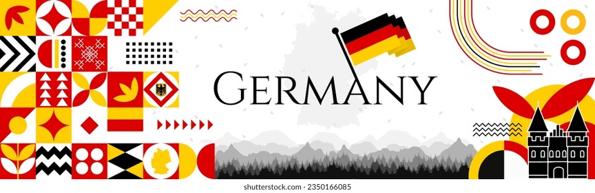 The Germany Independence Day abstract banner design with flag and map. Flag color theme geometric pattern retro modern Illustration design. Red, yellow and Black color template. svg