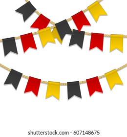 Germany Independence Day Background. Bunting Decoration In Colors Of German Flag. Garlands, Pennants On A Rope For Party, Carnival, Festival, Celebration. Greeting Card, Flyer, Poster For 3th October.