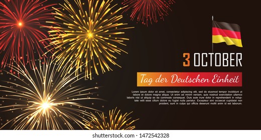 Germany independence day greeting card. Realistic fireworks and fluttering flag. Tag der Deutschen Einheit. Inscription in german: Day of german unity. National patriotic holiday vector illustration.