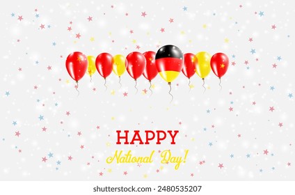 Germany Independence Day Sparkling Patriotic Poster. Row of Balloons in Colors of the German Flag. Greeting Card with National Flags, Confetti and Stars.