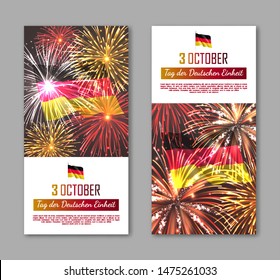 Germany independence day vertical flyers. Realistic fireworks and waving flag. Tag der Deutschen Einheit. Inscription in german: Day of german unity. National patriotic holiday vector illustration.