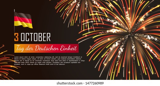 Germany independence day web banner. Realistic fireworks and fluttering flag. Tag der Deutschen Einheit. Inscription in german: Day of german unity. National patriotic holiday vector illustration.