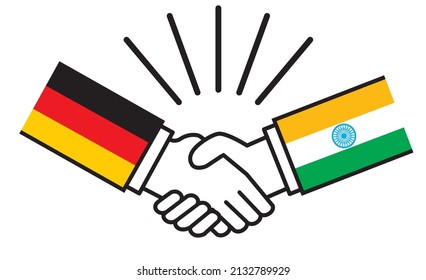 Germany and India, hands with flags shake hands. Image illustrations of wars, conflicts, alliances, reconciliations, agreements between nations, icons.