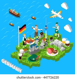 Germany isometric cultural sightseeing map for tourists with traditional national cuisine and landmarks symbols  abstract vector illustration 