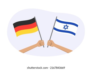 Banderas de Alemania e Israel. Símbolos israelíes y alemanes. Mano sosteniendo la bandera ondeando. Ilustración vectorial.