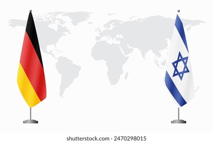 Germany and Israel flags for official meeting against background of world map.