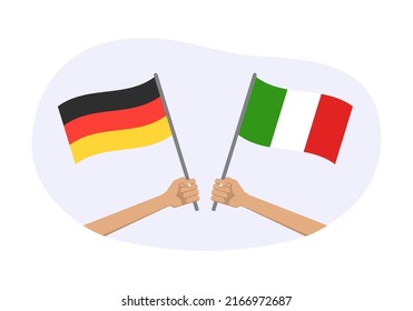 Germany and Italy flags. Italian and German national symbols. Hand holding waving flag. Vector illustration.