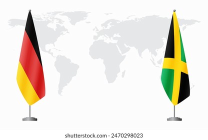 Germany and Jamaica flags for official meeting against background of world map.