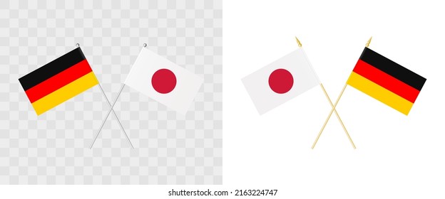 Germany and Japan crossed flags. Pennon angle 28 degrees. Options with different shapes and colors of flagpoles - silver and gold. Example of flags on transparent background. Vector illustration