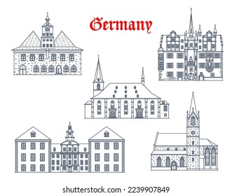 Germany, Jena, Erfurt, Saalfeld city buildings, vector German architecture. Thuringia travel landmarks, Weimar Herderkirche or St Peter and Paul church, Kaufmannskirche, palace and rathaus city hall