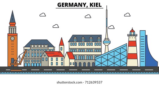 Germany, Kiel. City skyline: architecture, buildings, streets, silhouette, landscape, panorama, landmarks. Editable strokes. Flat design line vector illustration concept. Isolated icons set